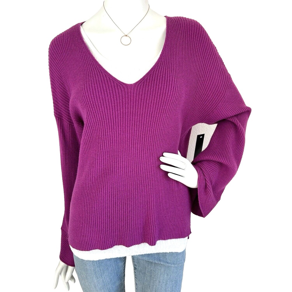 Free Press Pullover Sweater Womens S Purple Ribbed Knit Relaxed Bell Sleeve New